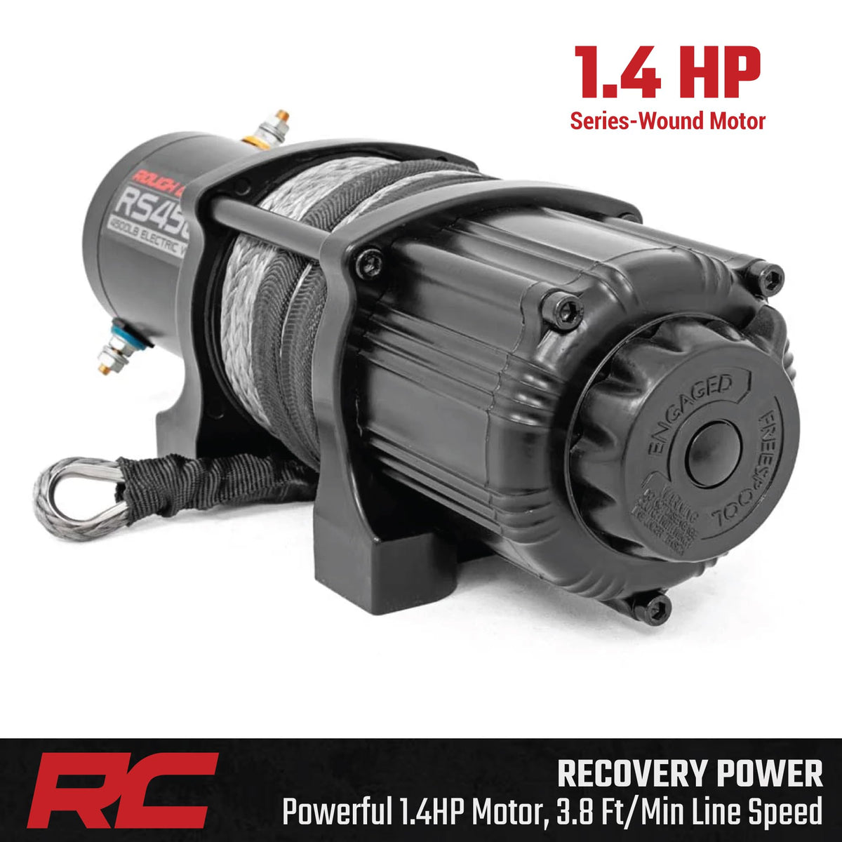 Rough Country winch beside a ruler showing compact size for space-saving fitment