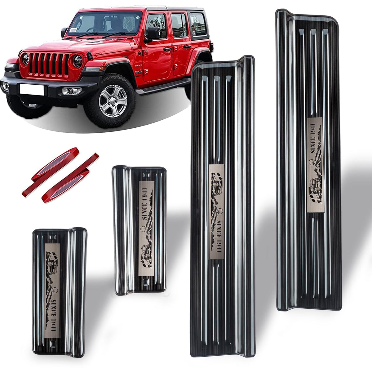 Rowa front sill hero showing brushed black finish and vehicle compatibility benefit