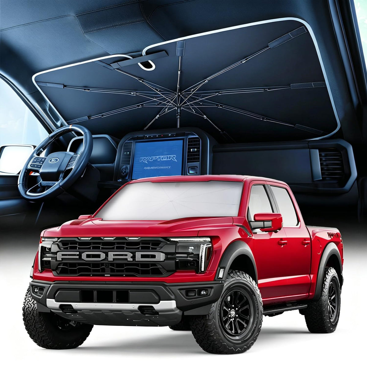 ROWJOWL front view showing full windshield coverage and perfect truck fit