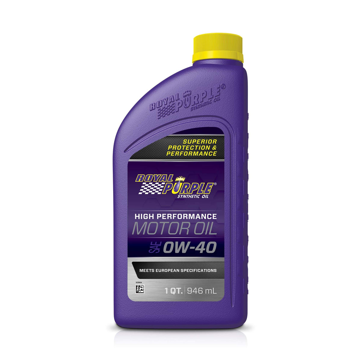 Royal Purple 0W-40 front label showing brand and quart size, highlighting high-performance protection