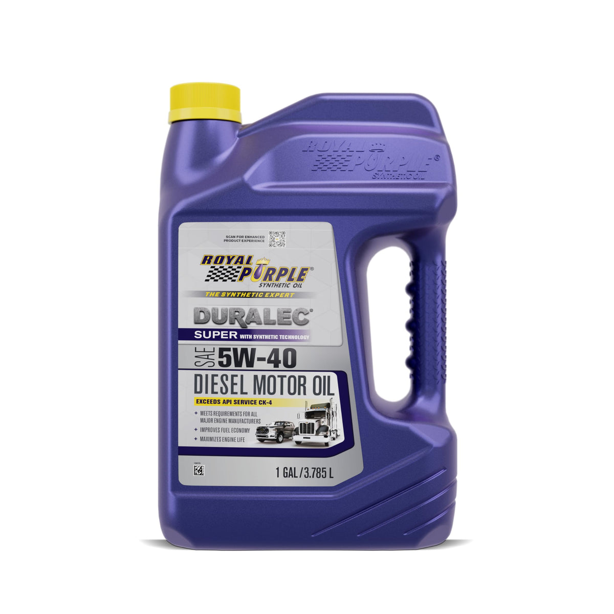 Royal Purple Duralec Super 5W-40 gallon front label showing product benefits
