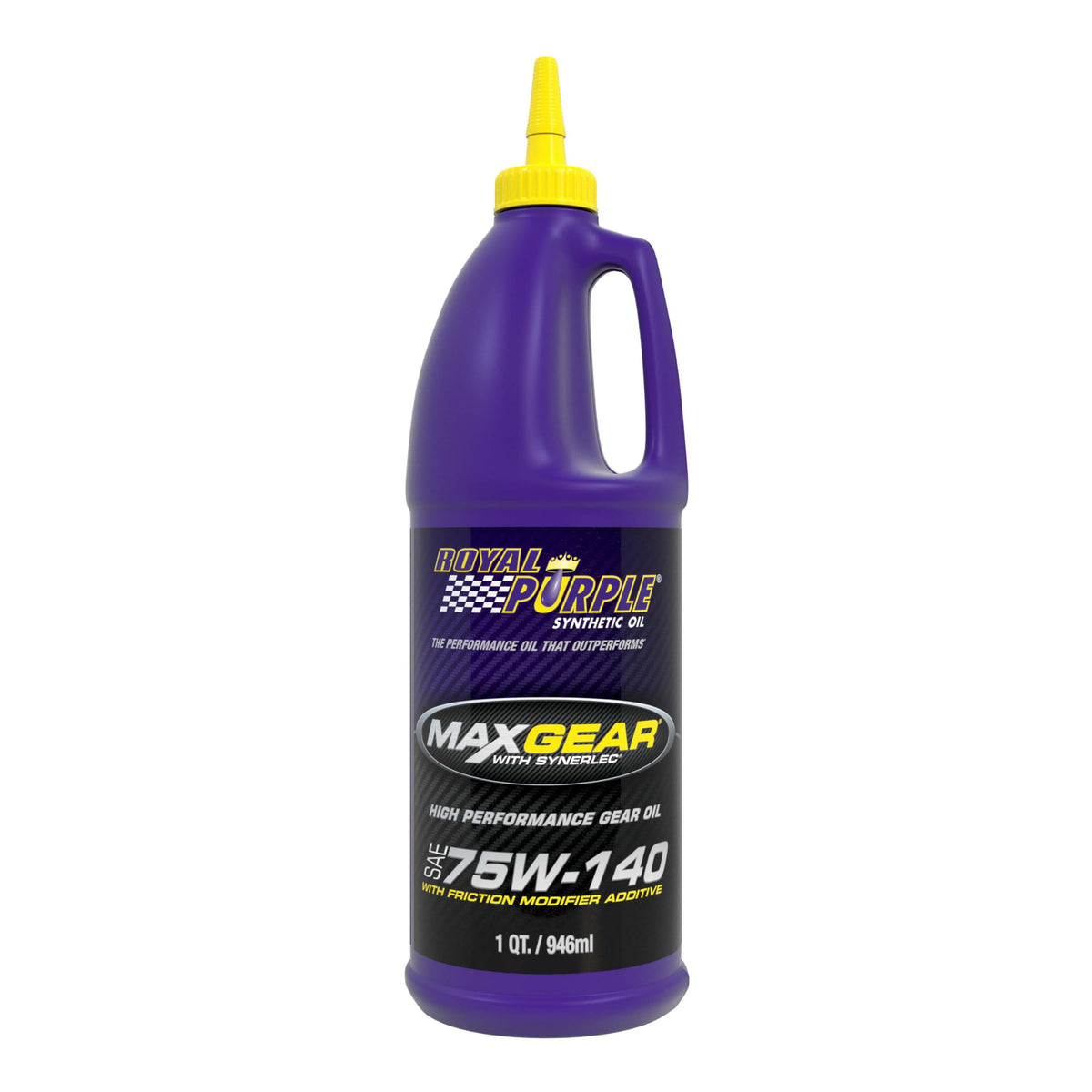 Royal Purple bottle front view showing MAX GEAR 75W-140 label and durable packaging benefit