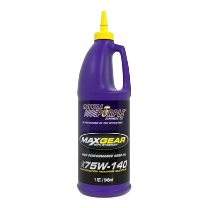 Royal Purple bottle front view showing MAX GEAR 75W-140 label and durable packaging benefit