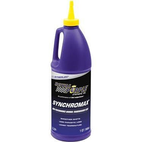 Royal Purple Synchromax close-up of label and pouring spout, highlights Synerlec additive and easy pouring