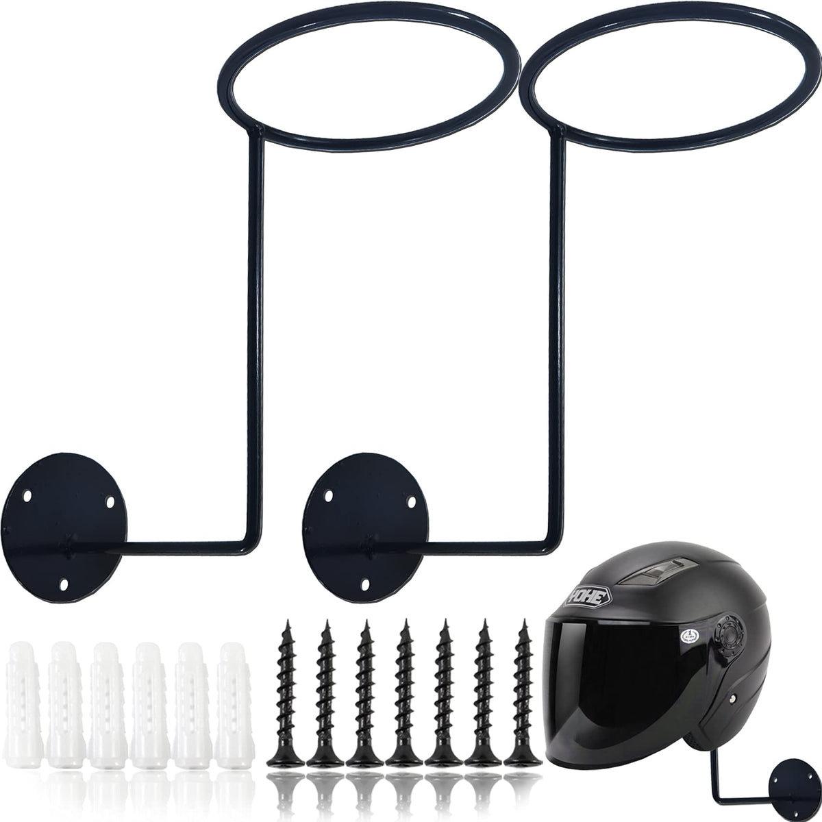 ROYHOO front view wall-mounted helmet holder showing neat storage benefit