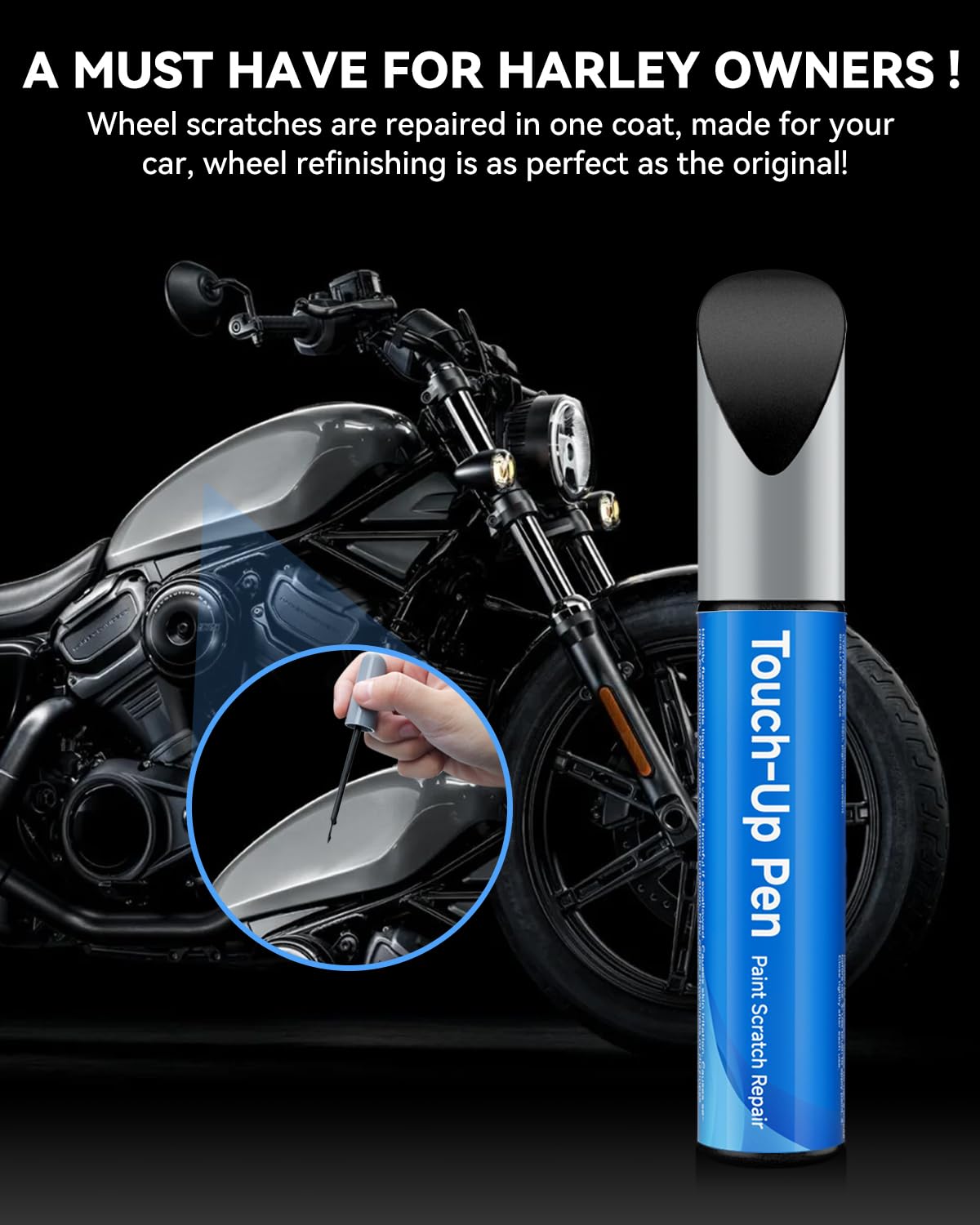 RSACET packaged touch-up pen next to motorcycle, convenient DIY maintenance tool