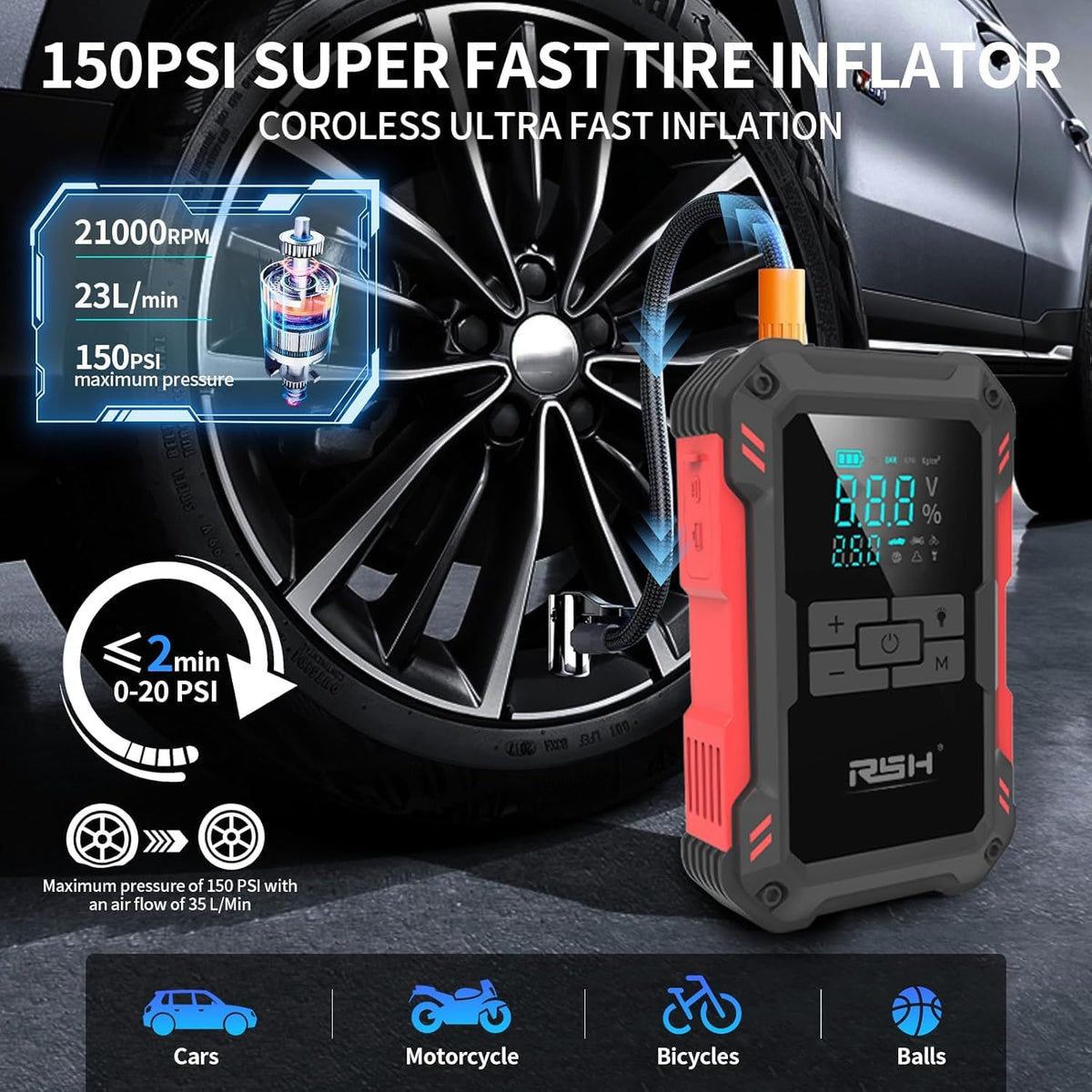RSH air compressor hose attached to tire valve, for fast inflation convenience