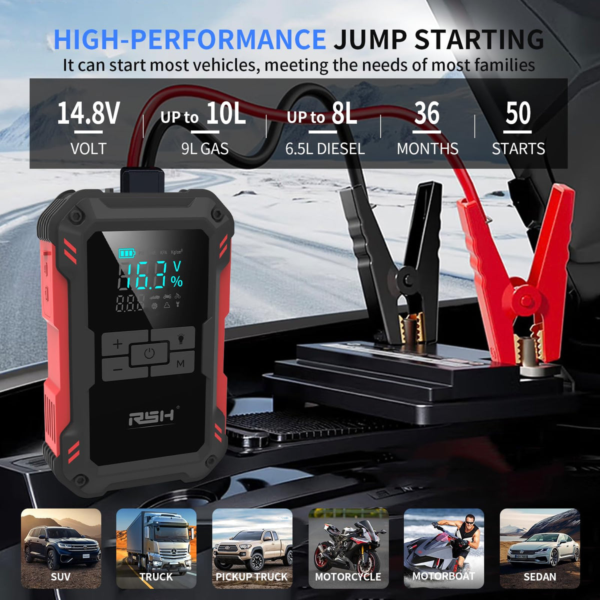 RSH smart jumper cables connected to battery, for safe and clear polarity protection