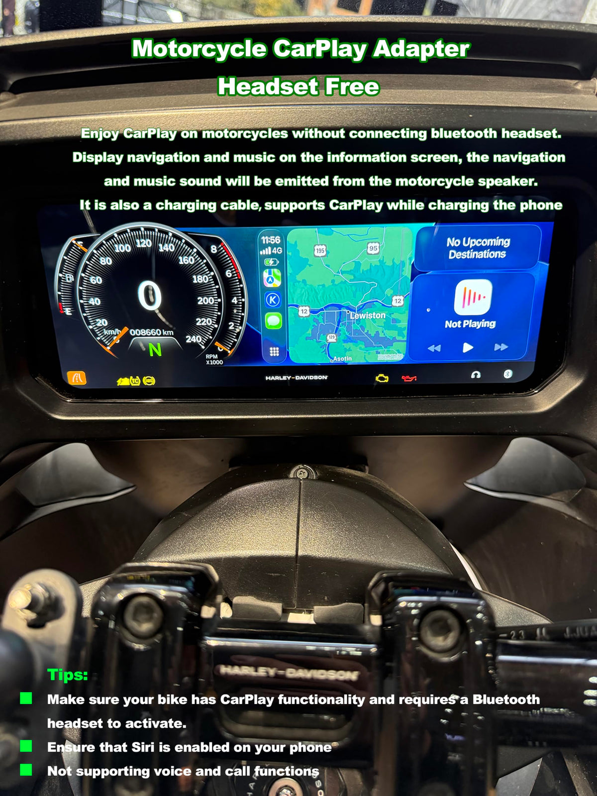 Rsizbahr cable plugged into Harley dashboard enabling CarPlay access