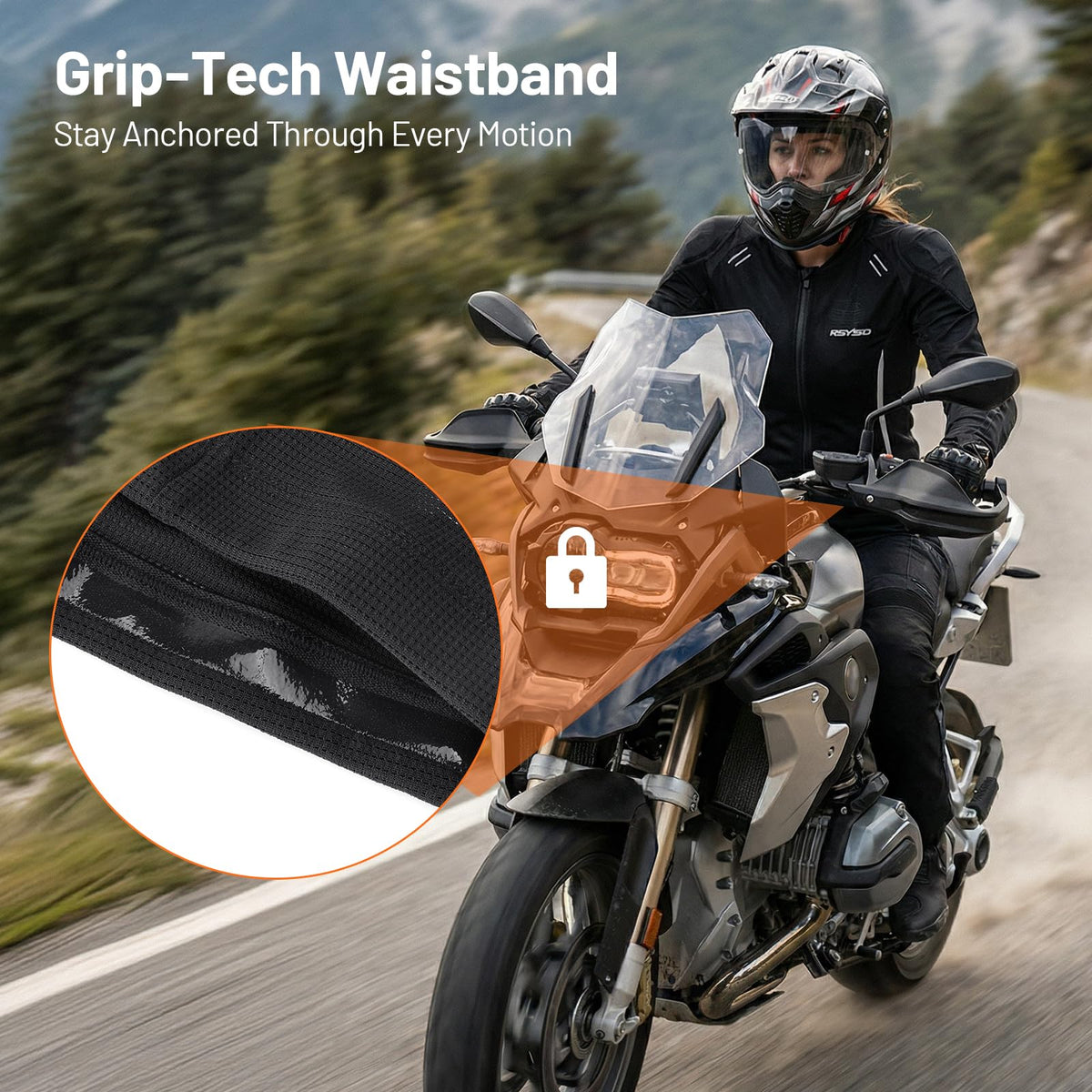 RSYSO thumb loop and Grip-Tech waistband detail securing jacket in place