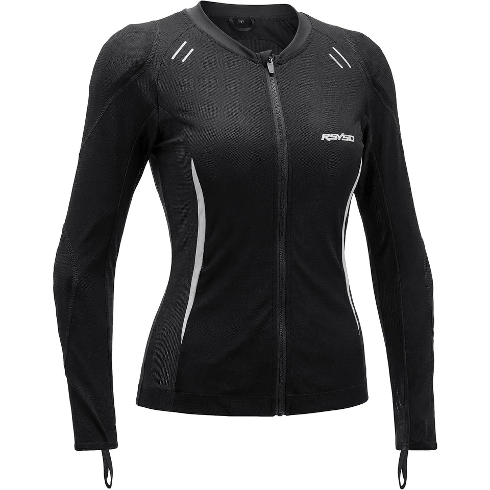 RSYSO front view of women's mesh jacket showing fit and ventilation benefits