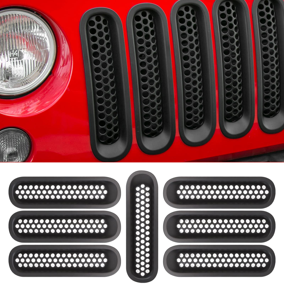 RT-TCZ front grille overview installed on Jeep Wrangler shows sleek matte-black look
