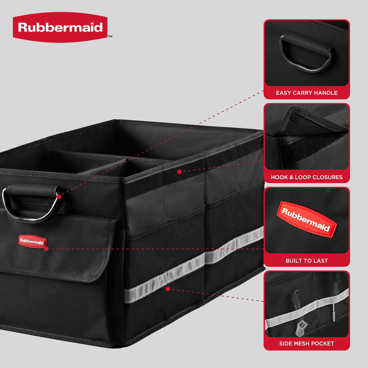 Rubbermaid close-up of adjustable dividers and mesh pockets organizing small items