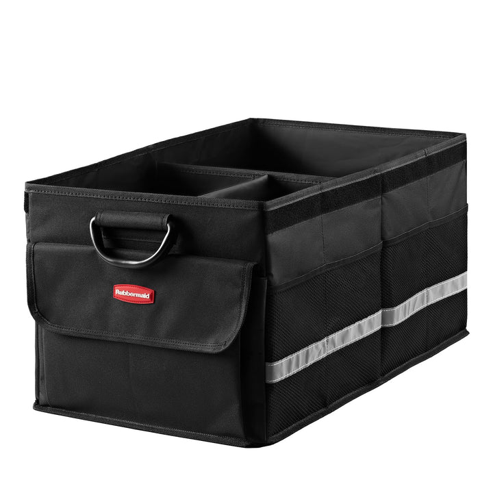 Rubbermaid front view showing three compartments and durable fabric for organized storage