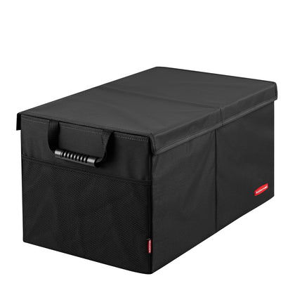 Rubbermaid front view of collapsible trunk organizer showing sturdy shape and storage benefit