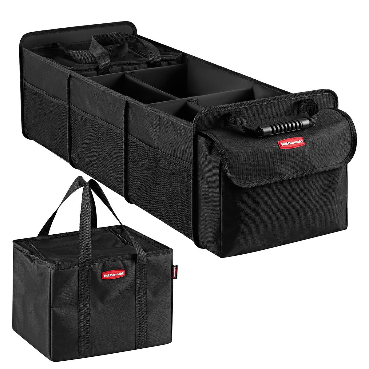 Rubbermaid front view showing organized compartments and sturdy handles for easy carrying