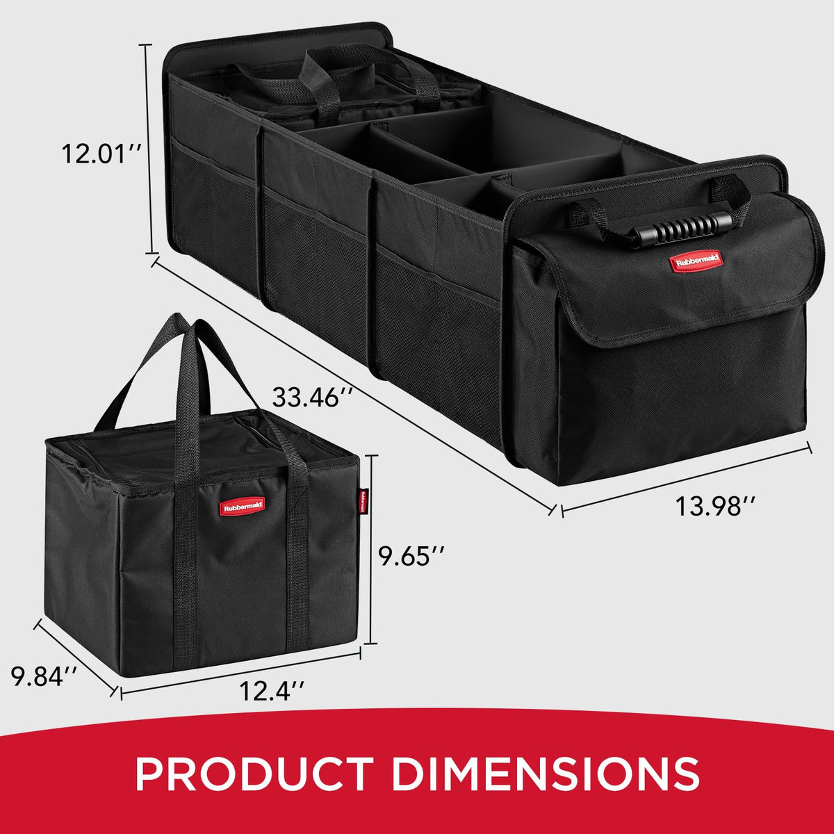 Rubbermaid in-use with grocery bags and sports gear secured in vehicle for tidy transport