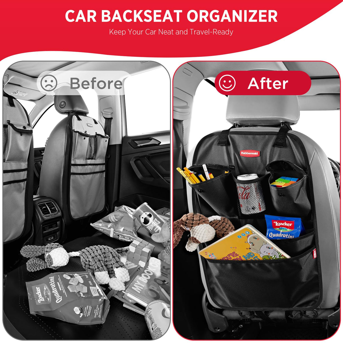 Rubbermaid organizer installed in SUV backseat providing organized travel benefits