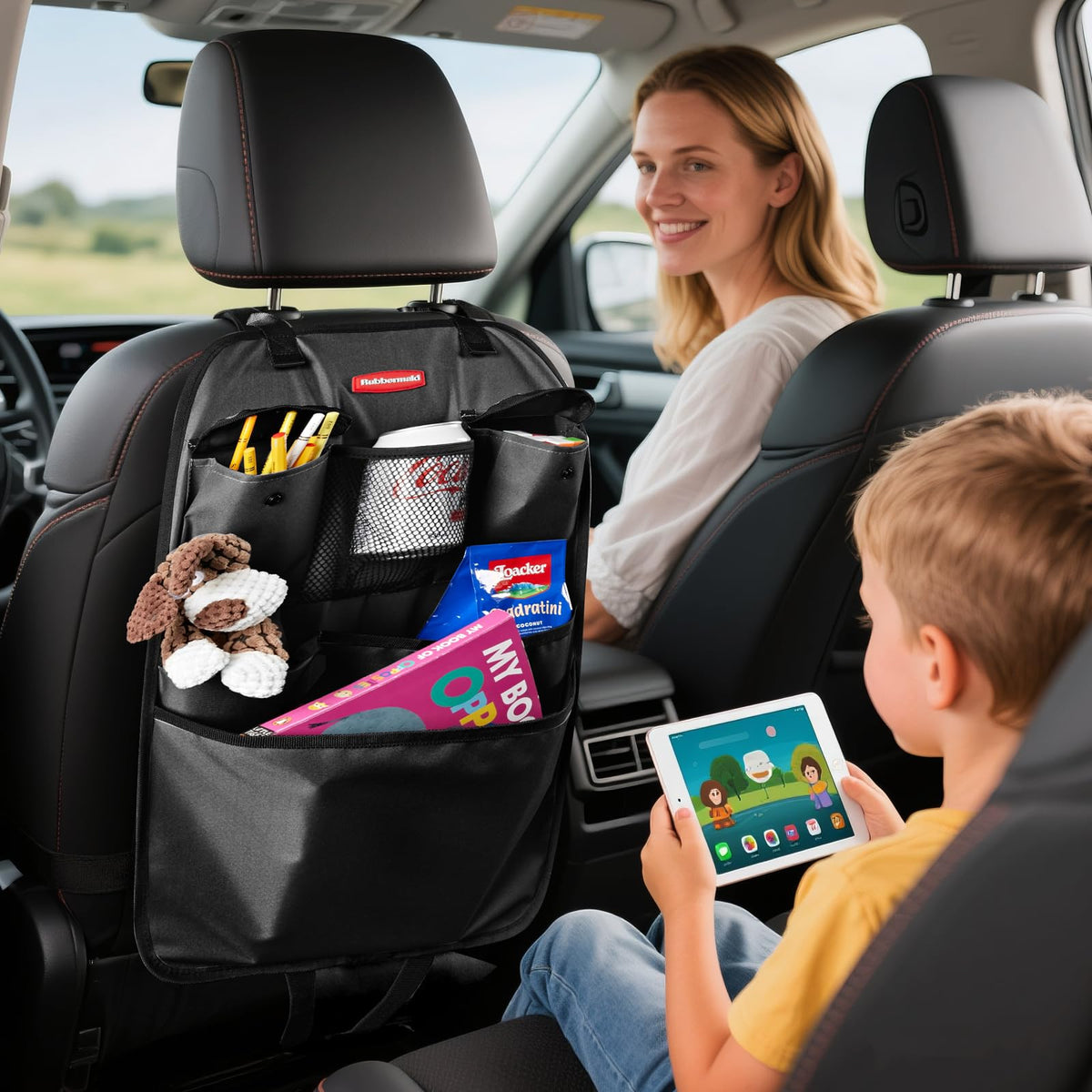 Rubbermaid kick mat protecting seat back from scuffs and mud