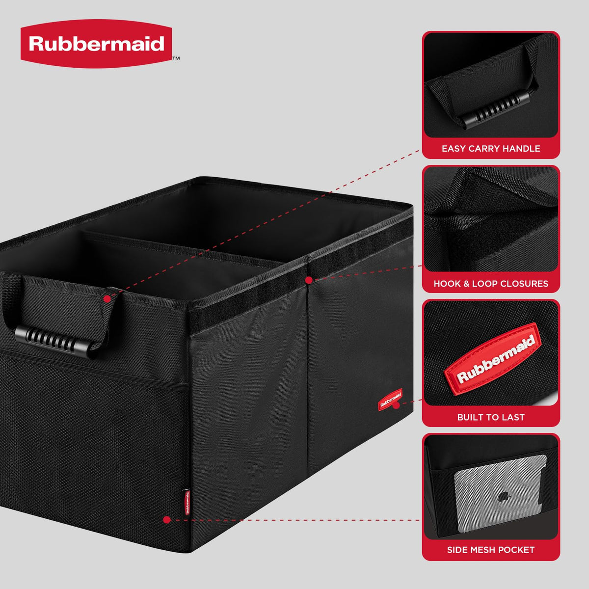 Rubbermaid open organizer with two compartments demonstrating organized storage benefit