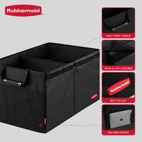 Rubbermaid open organizer with two compartments demonstrating organized storage benefit