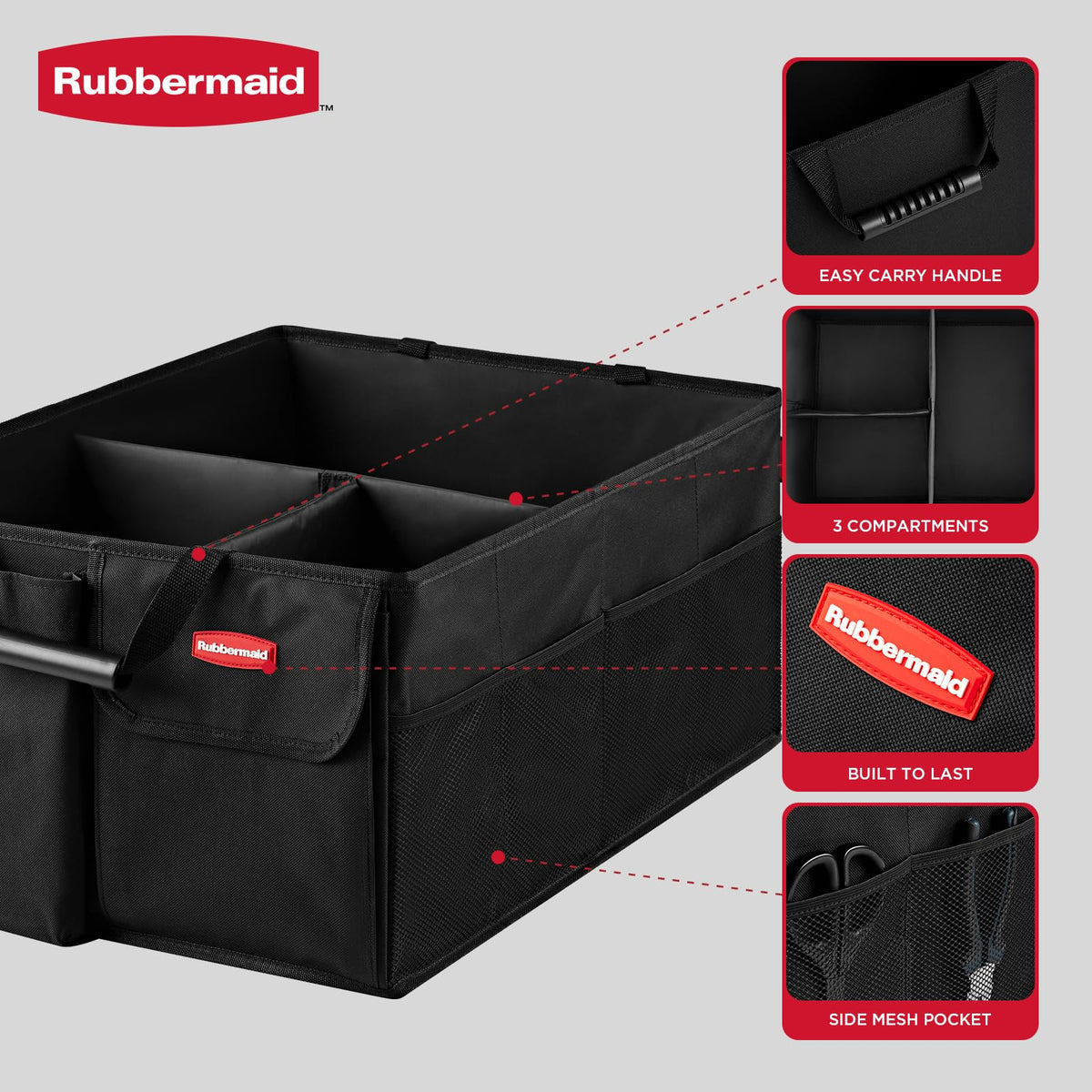 Rubbermaid open top showing three compartments for organized car storage