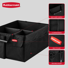 Rubbermaid open top showing three compartments for organized car storage
