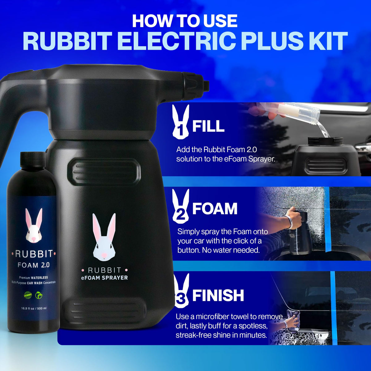 Rubbit sprayer nozzle closeup demonstrating foam delivery for safe dirt removal