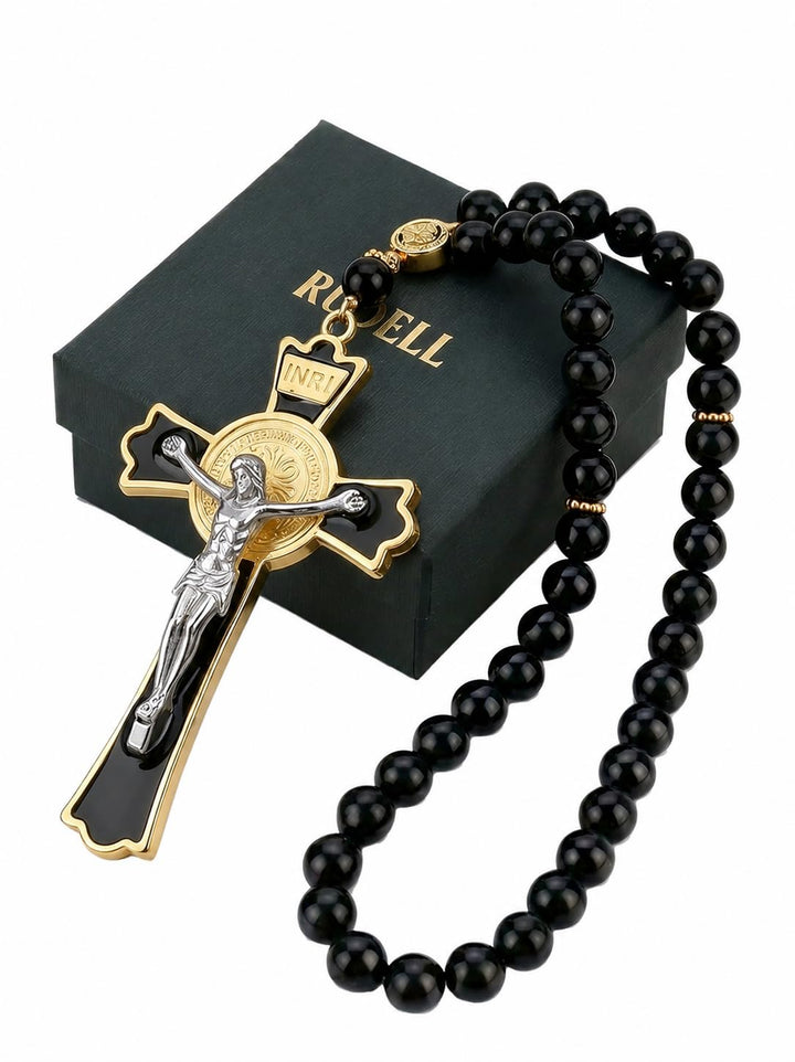 RUDELL front view of rosary showing neat compact hang and clear cross for easy devotion