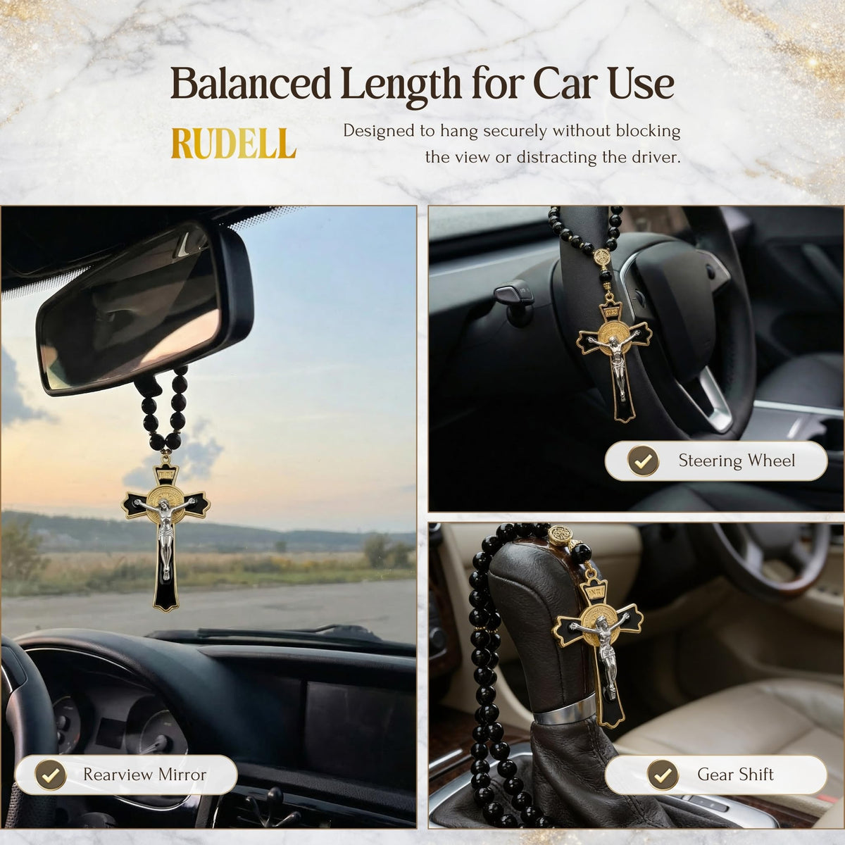 RUDELL full-length rosary hanging from rearview mirror demonstrating unobstructed view