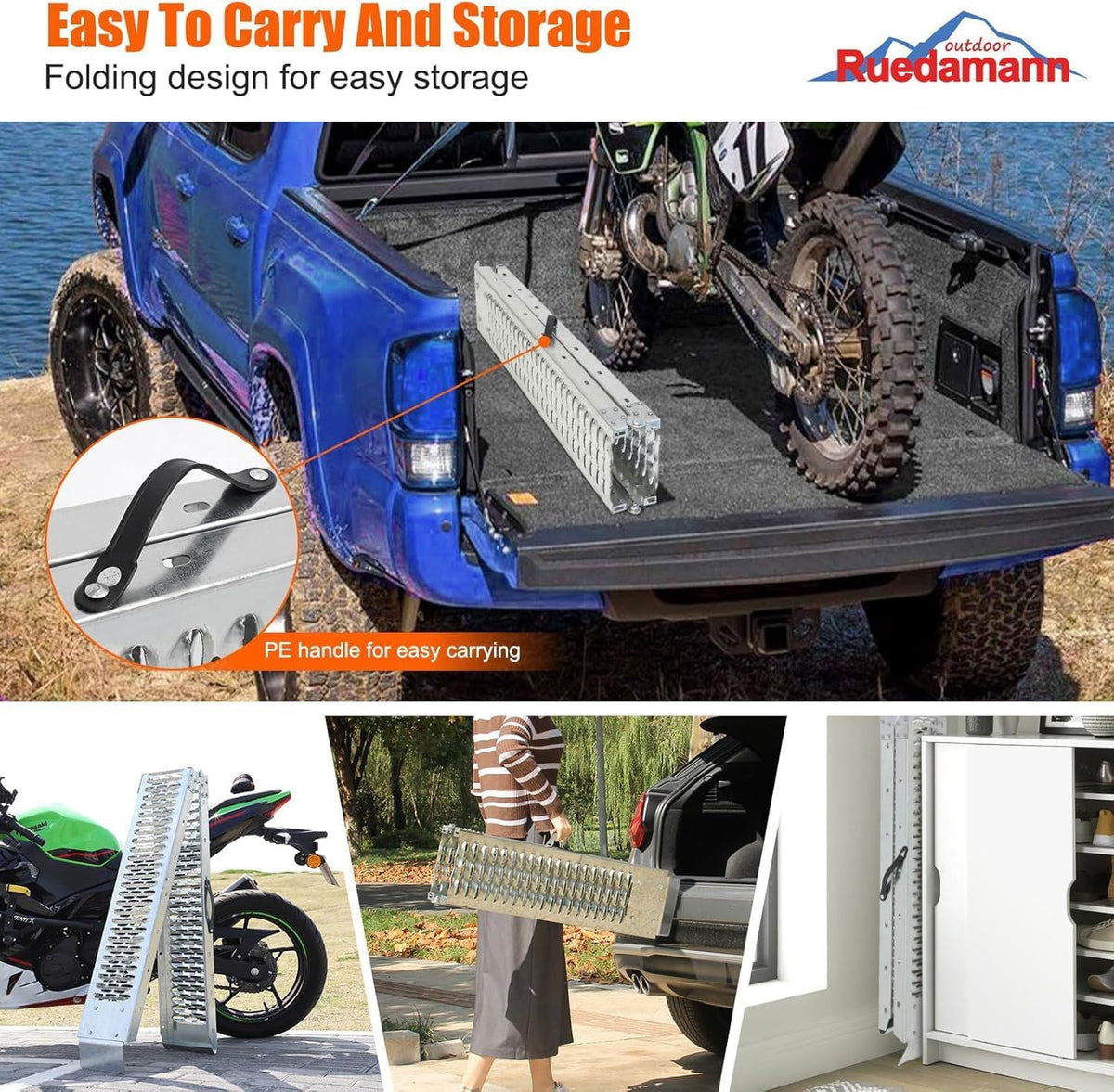 Ruedamann ramp in use with motorcycle loading from truck bed for convenience