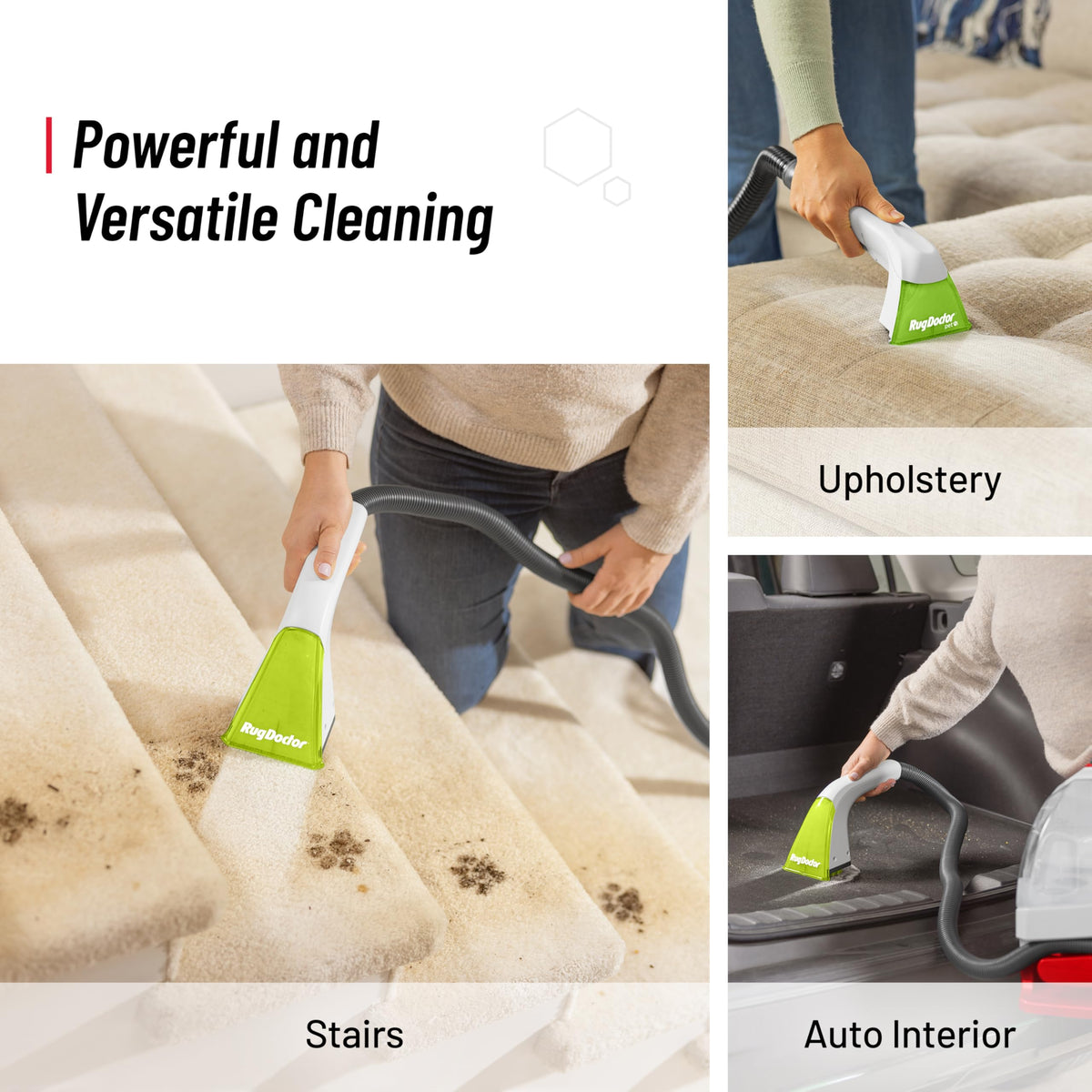Rug Doctor portable cleaner treating auto upholstery to remove spots and pet hair