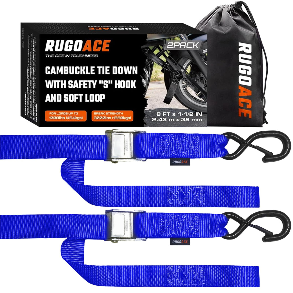 RUGOACE front pack showing two blue straps and mesh bag for easy storage