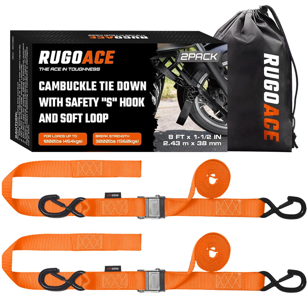 RUGOACE laid-out straps with ruler showing 8ft length and scale benefit