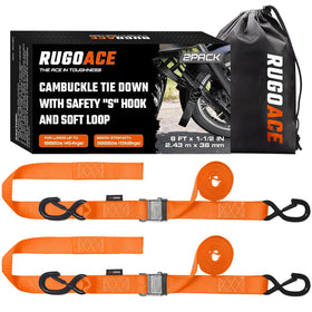 RUGOACE laid-out straps with ruler showing 8ft length and scale benefit
