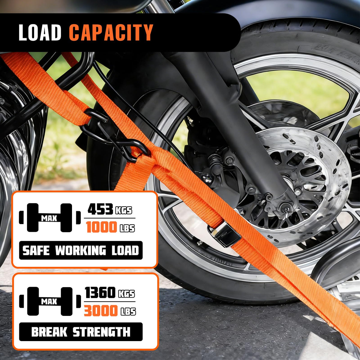 RUGOACE straps securing a motorcycle on a trailer demonstrating stability benefit