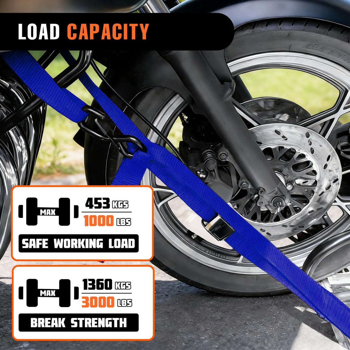 RUGOACE straps securing a motorcycle on a trailer for confident transport