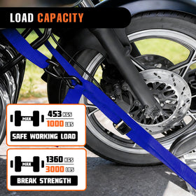 RUGOACE straps securing a motorcycle on a trailer for confident transport