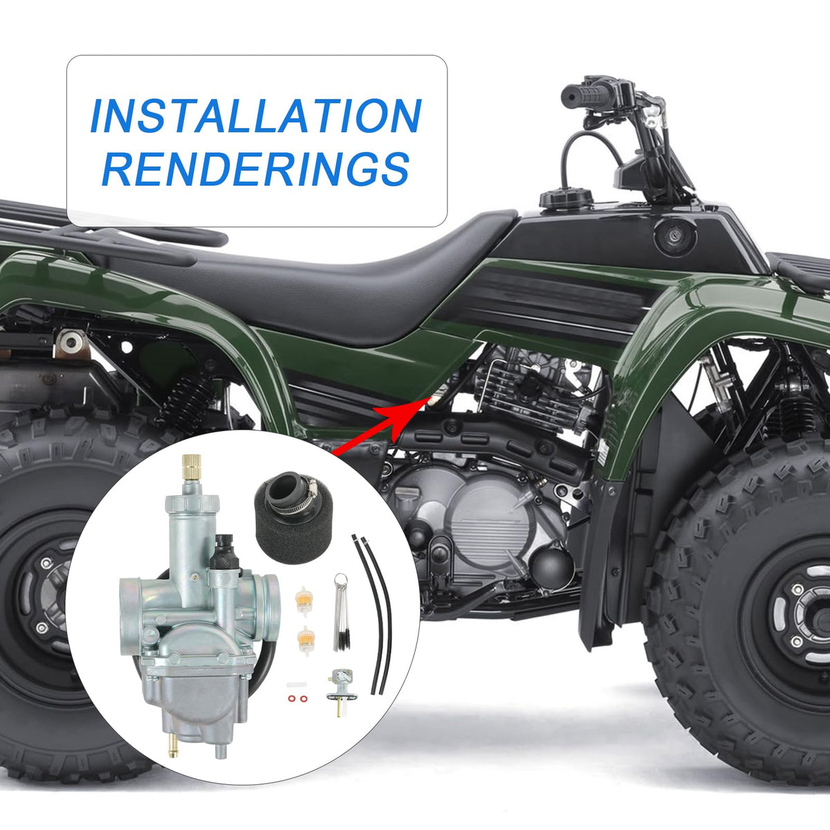 RUIANOMG carburetor mounted on Kawasaki Bayou 220 engine demonstrating compatibility
