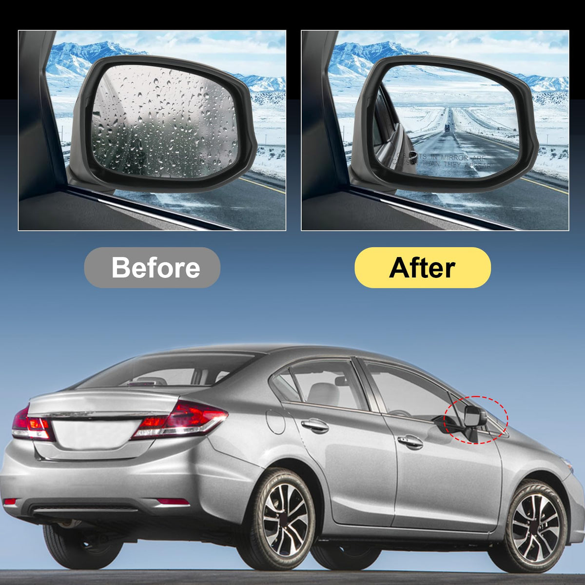RUIANOMG mirror mounted on a Honda Civic passenger side for accurate compatibility benefit