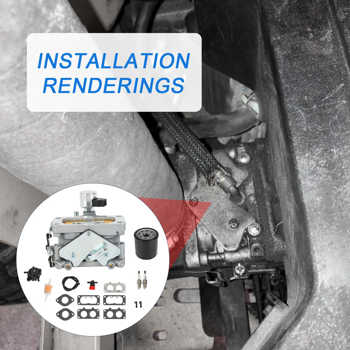 RUIANOMG carburetor next to ruler showing dimensions for correct size confirmation