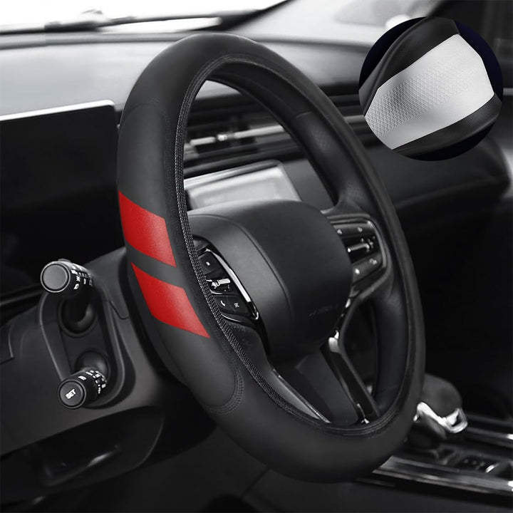RUIHEDAHB front view showing red steering wheel cover and clear fit benefit