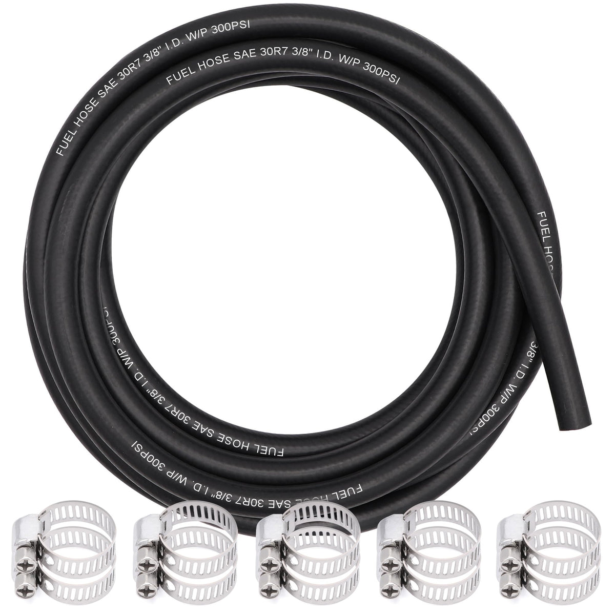 Ruikarhop front view of coiled fuel hose showing length and clamps for quick install benefit
