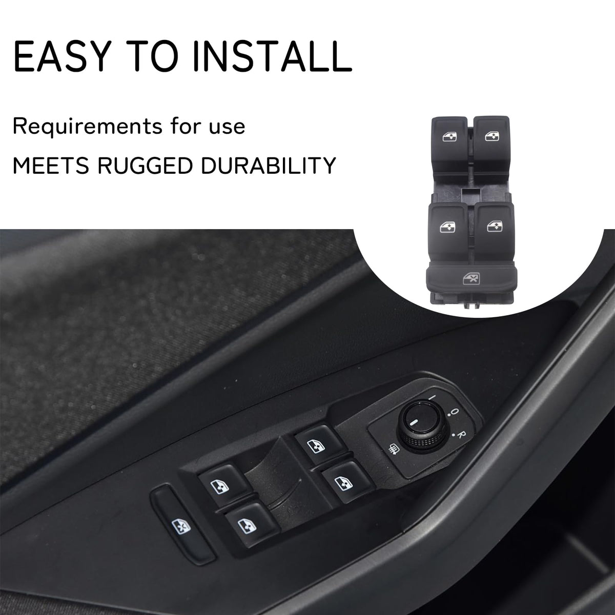RuiWen switch installed in VW door panel showing flush fit and factory appearance