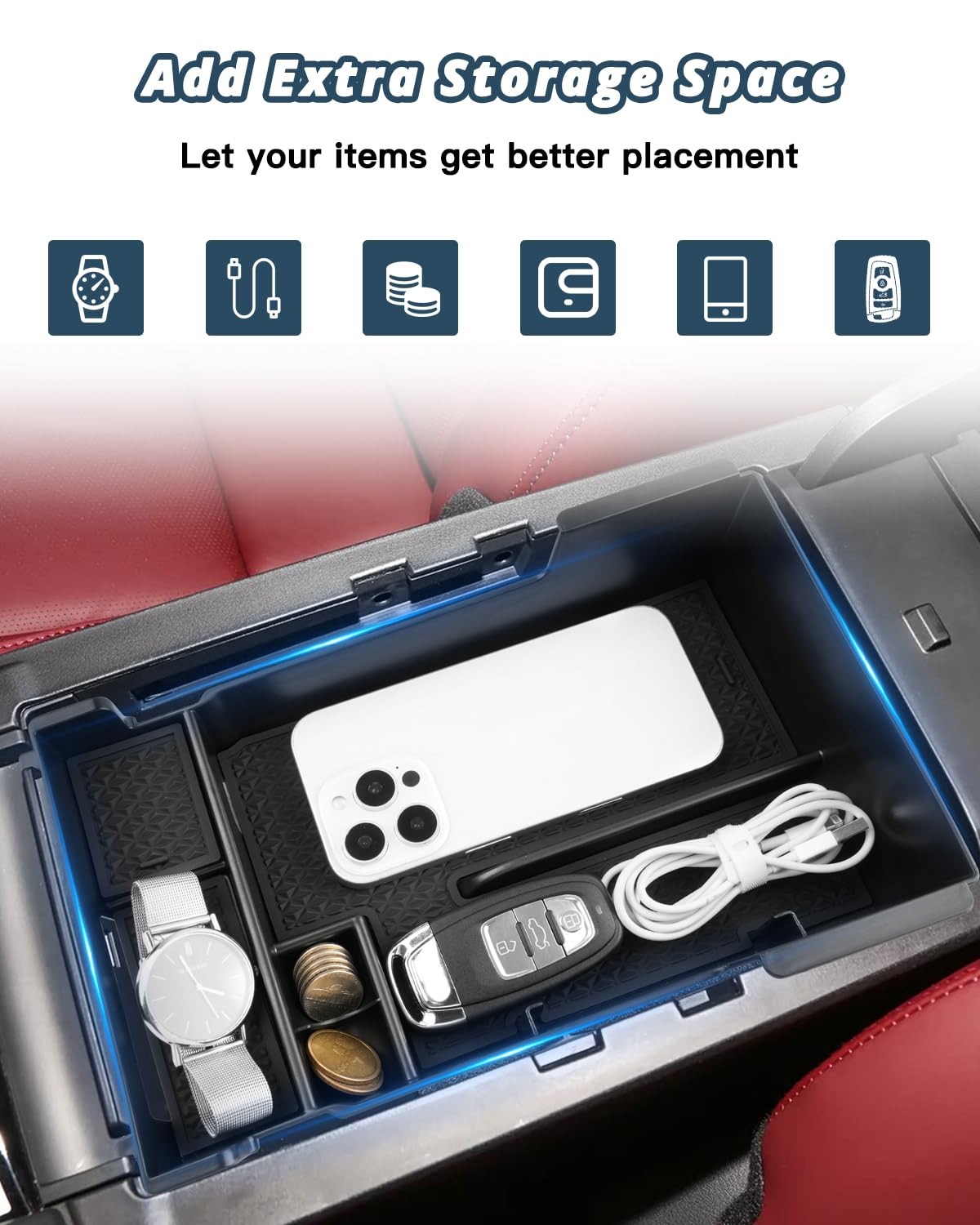 Ruiya installed top-down view showing organized Mazda3 armrest layout