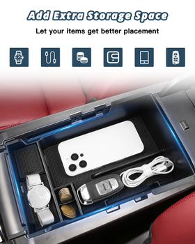 Ruiya installed top-down view showing organized Mazda3 armrest layout