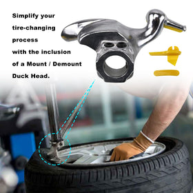 RULLINE adapters attached to a tire changer machine, adds clearance for small wheels