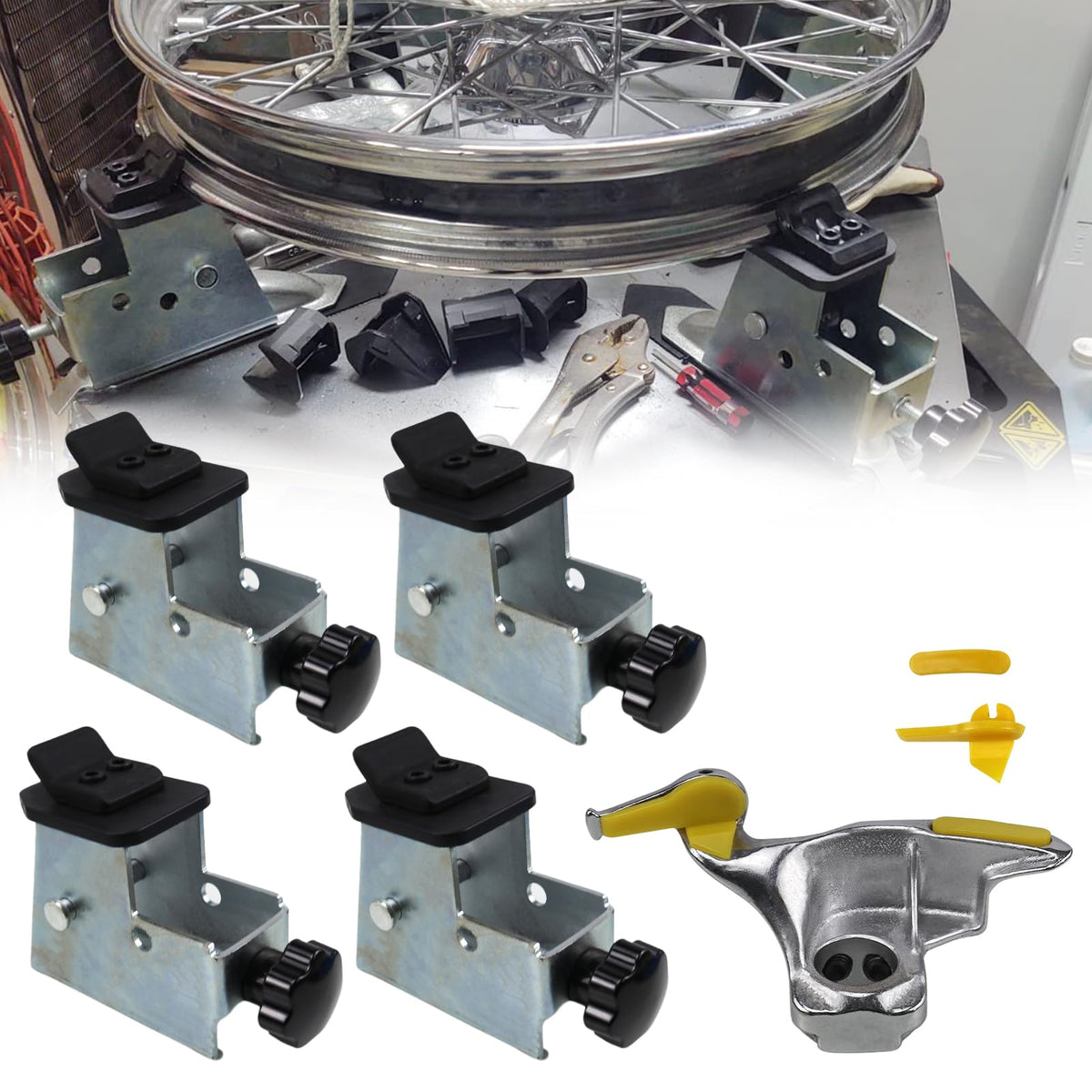 RULLINE front view of kit showing four metal adapters and duck head, durable workshop use