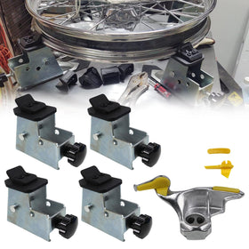 RULLINE front view of kit showing four metal adapters and duck head, durable workshop use