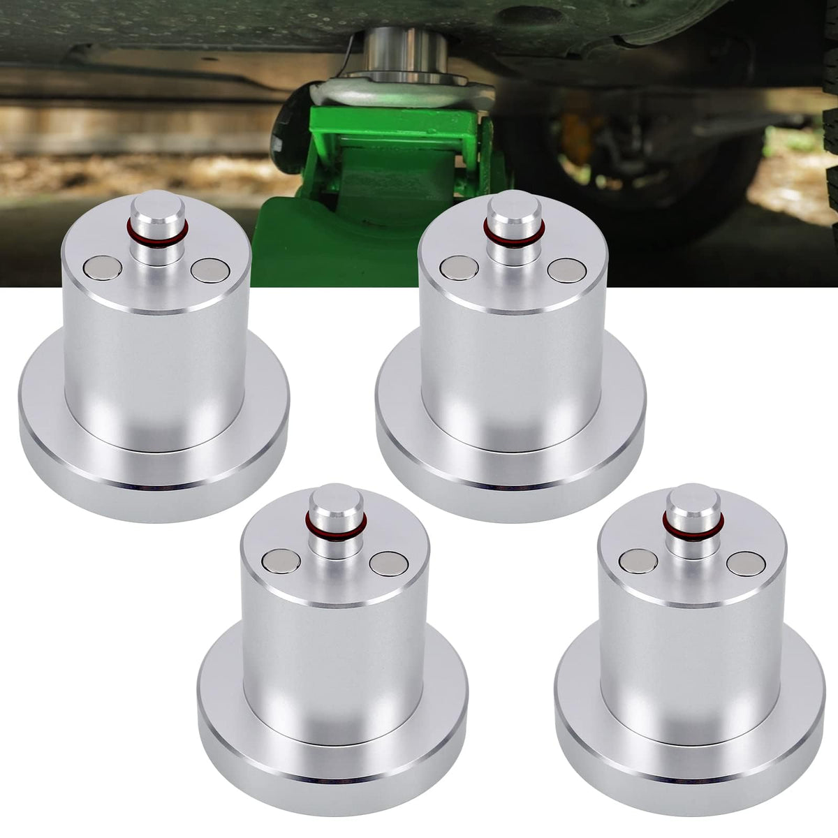 RULLINE jack pucks front view showing four aluminum adapters and benefits of secure lift